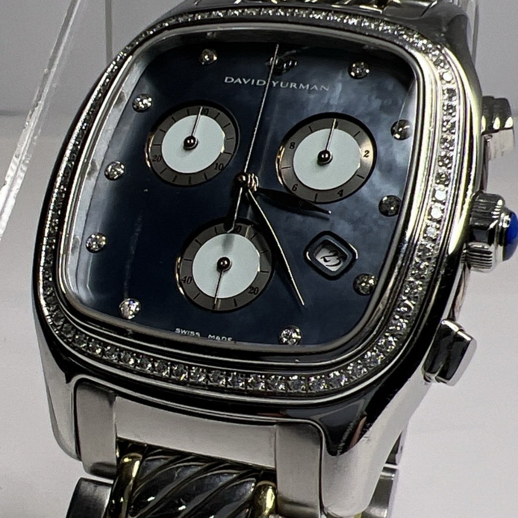 David Yurman 35mm Chronograph Date Watch Blue Mother Pearl Diamond Markers Bezel